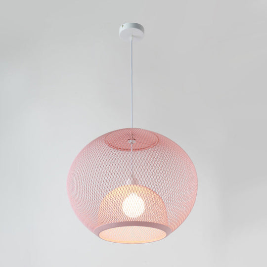 Global Mesh Restaurant Pendant Light - Metallic Single-Bulb Macaron Ceiling Fixture In Pink Yellow