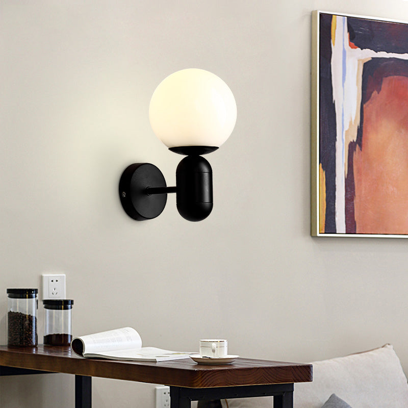 Metal Capsule Sconce Light With Globe Shade - Macaron Style Wall Lamp Black