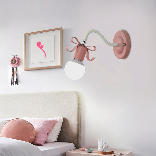 Nordic Style Metal Wall Lamp With Bow For Kindergarten - Single Head Bare Bulb Design Pink