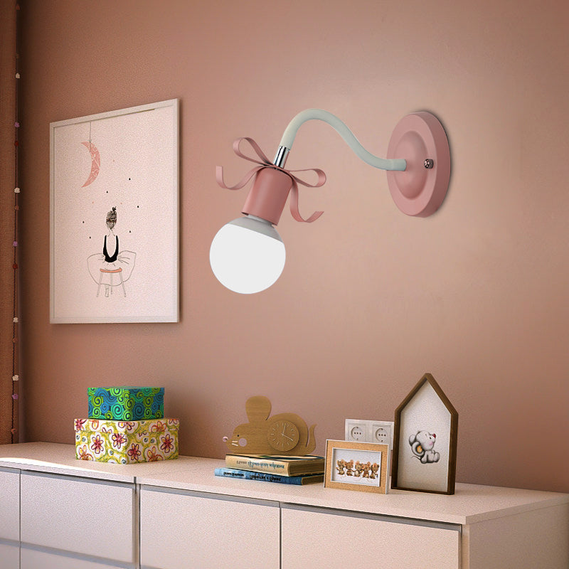 Nordic Style Metal Wall Lamp With Bow For Kindergarten - Single Head Bare Bulb Design