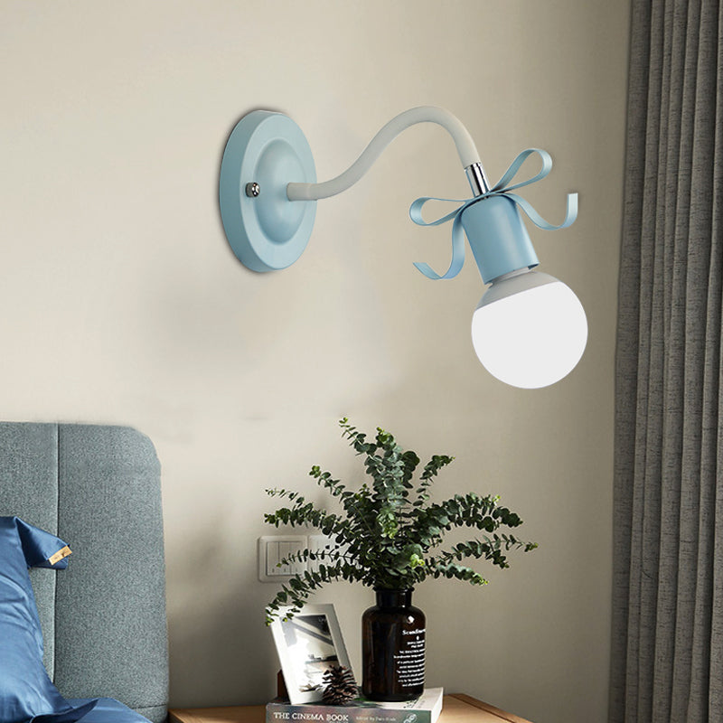 Nordic Style Metal Wall Lamp With Bow For Kindergarten - Single Head Bare Bulb Design Blue