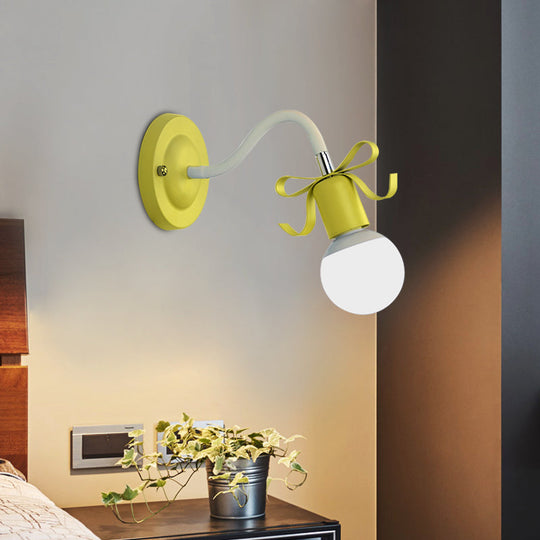 Nordic Style Metal Wall Lamp With Bow For Kindergarten - Single Head Bare Bulb Design Yellow