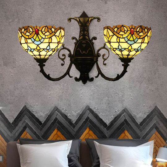 Baroque-Style Stained Glass Double Wall Sconce Lamp In Brown/Blue - Perfect For Dining Room Décor!