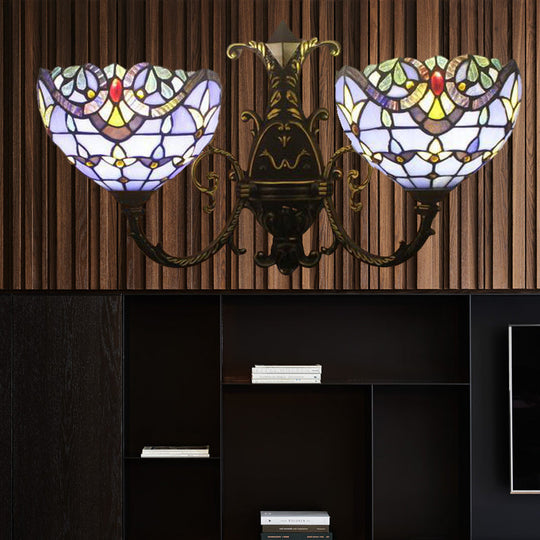 Baroque-Style Stained Glass Double Wall Sconce Lamp In Brown/Blue - Perfect For Dining Room Décor!