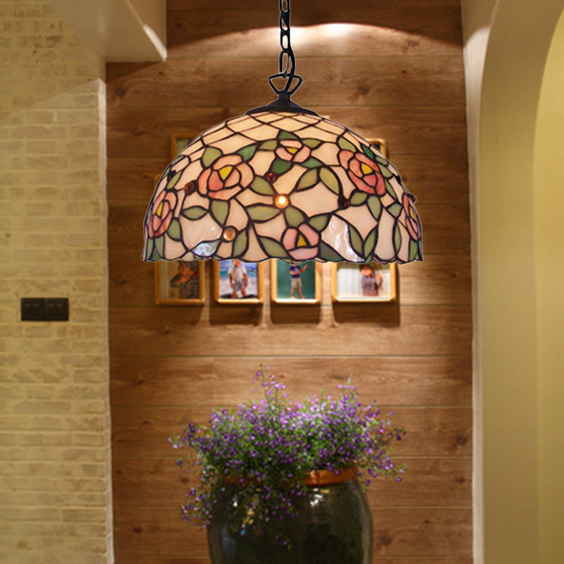 Hand Cut Pink Glass Tiffany-Style Pendant Light with Flower Pattern - Domed Suspension Design