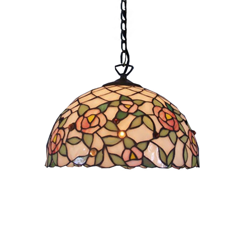 Pink Tiffany-Style Hand-Cut Glass Domed Ceiling Light With Flower Design - 1 Bulb Suspension