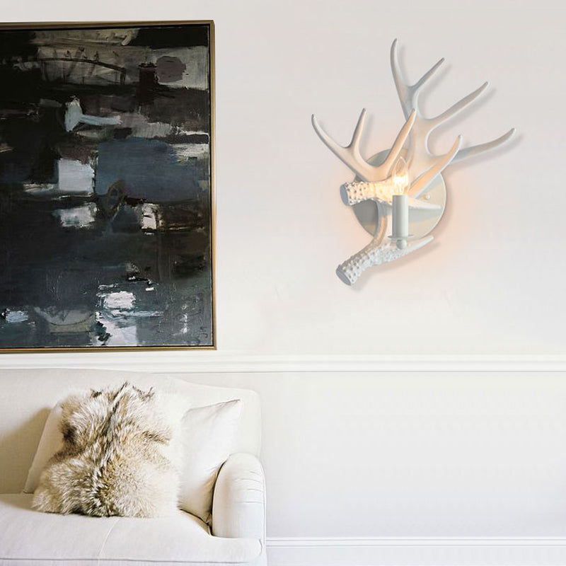 Rustic Antlers Wall Lamp: Resin Single Bulb Sconce Light In White Finish For Lodge Villa / Shadeless