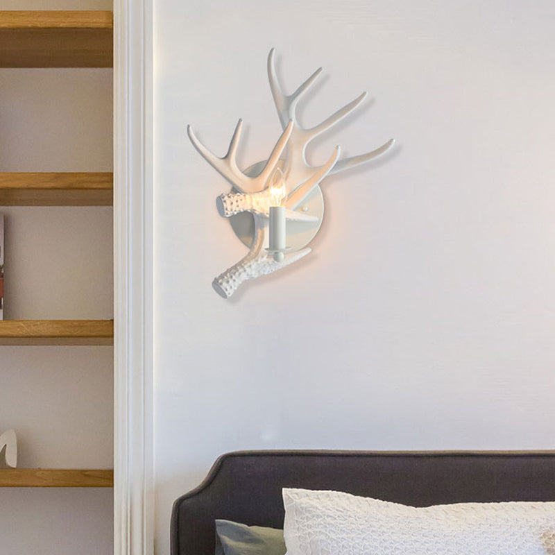 Rustic Antlers Wall Lamp: Resin Single Bulb Sconce Light In White Finish For Lodge Villa