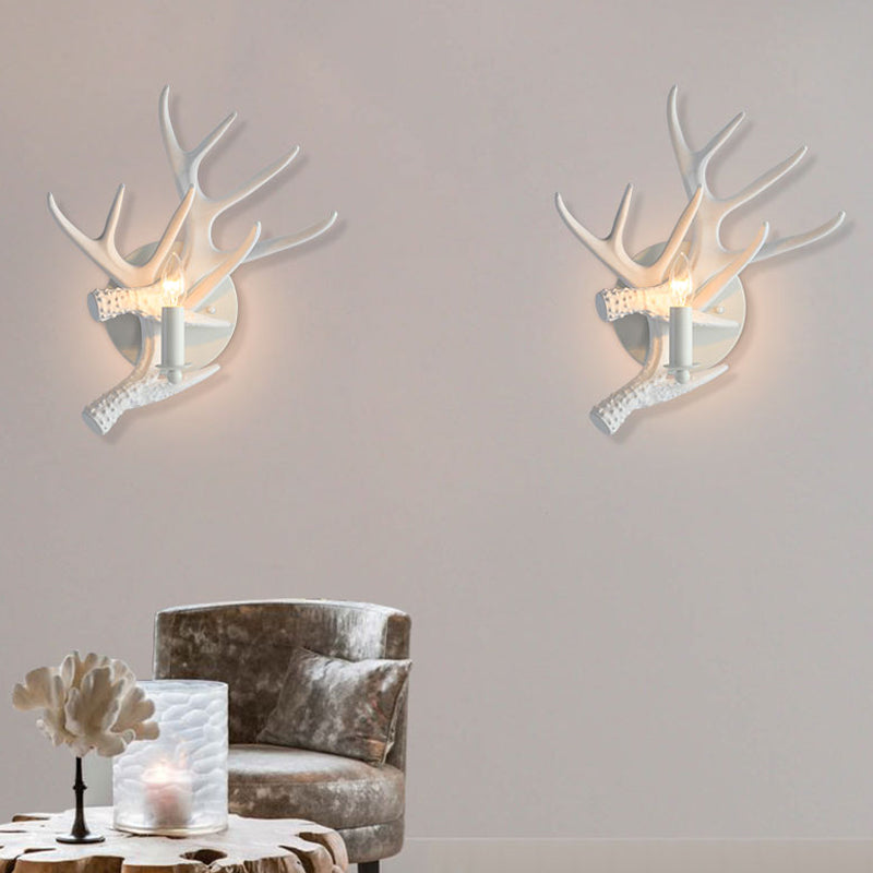 Rustic Antlers Wall Lamp: Resin Single Bulb Sconce Light In White Finish For Lodge Villa