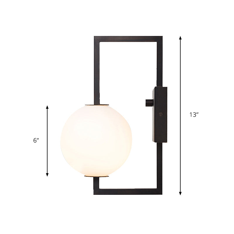 Modern Black Rectangular Wall Sconce With White Glass Orb Shade - 1 Bulb Metal Lighting