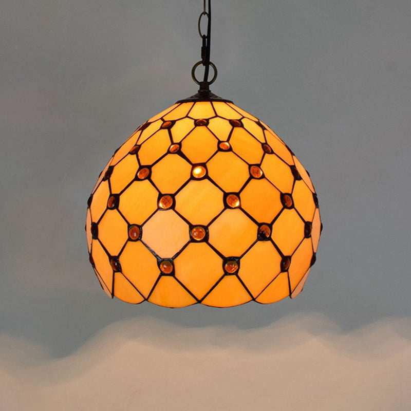 Tiffany Single Light Stained Glass Pendant Ceiling Lamp - Yellow with Jewel Accent for Porch