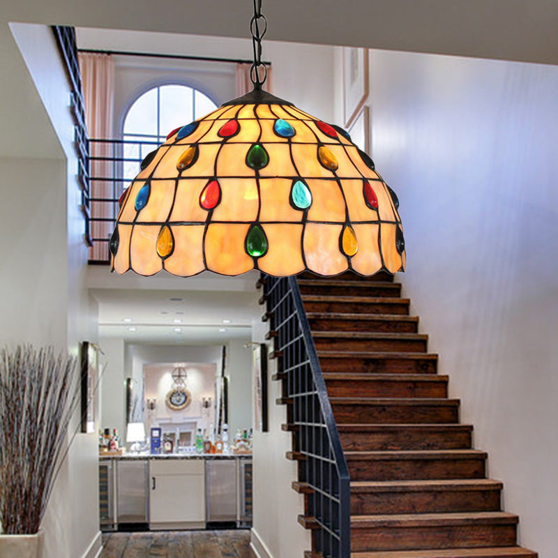 Tiffany Beige Stair Pendant Light With Stained Glass Shade - 1-Light Hanging Ceiling Fixture / A