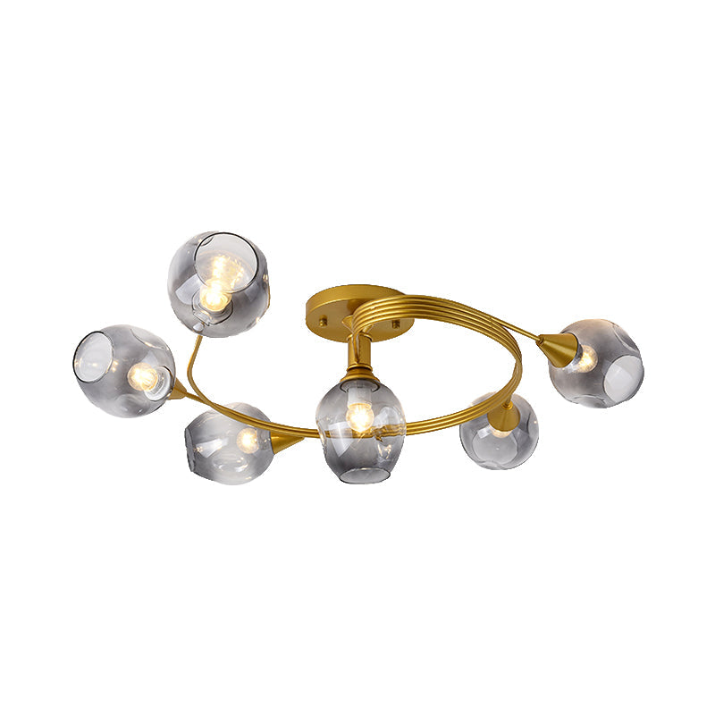 Gold Twist Arm Glass Study Room Ceiling Light - Modern Semi Flushmount in Smoke Gray