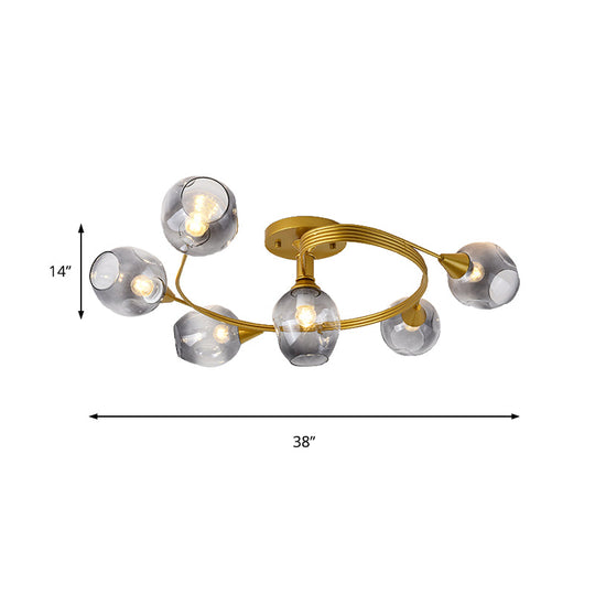 Gold Twist Arm Glass Study Room Ceiling Light - Modern Semi Flushmount in Smoke Gray