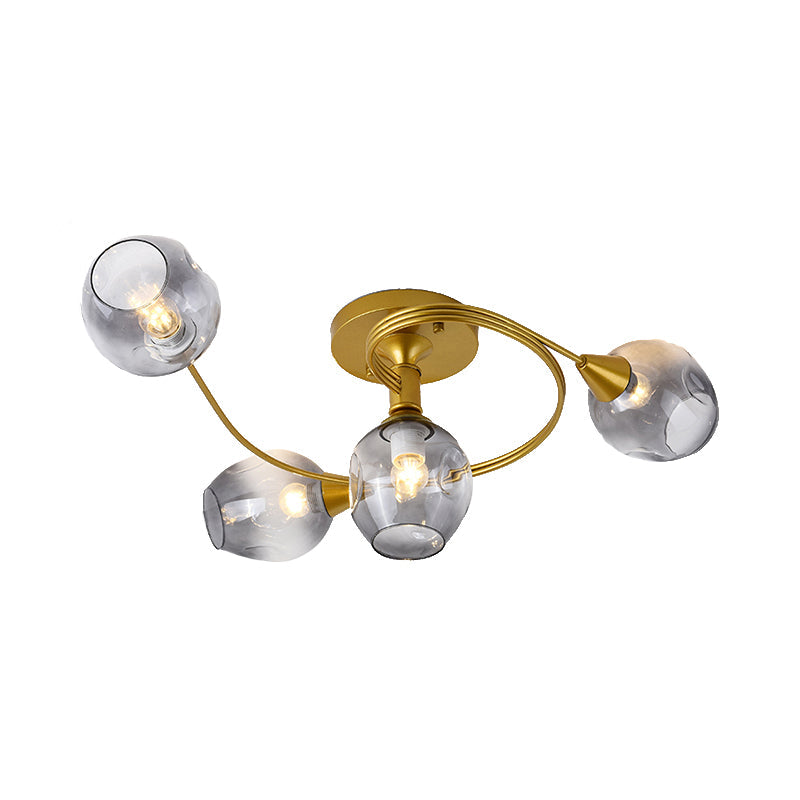 Gold Twist Arm Glass Study Room Ceiling Light - Modern Semi Flushmount in Smoke Gray