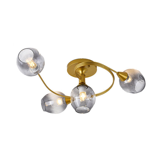 Gold Twist Arm Glass Study Room Ceiling Light - Modern Semi Flushmount In Smoke Gray