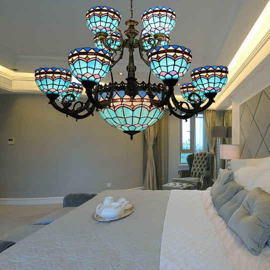 Tiffany Style Blue Chandelier with Floral and Domed Ceiling Light - Perfect for Dining Room Decor - 13/26 Lights