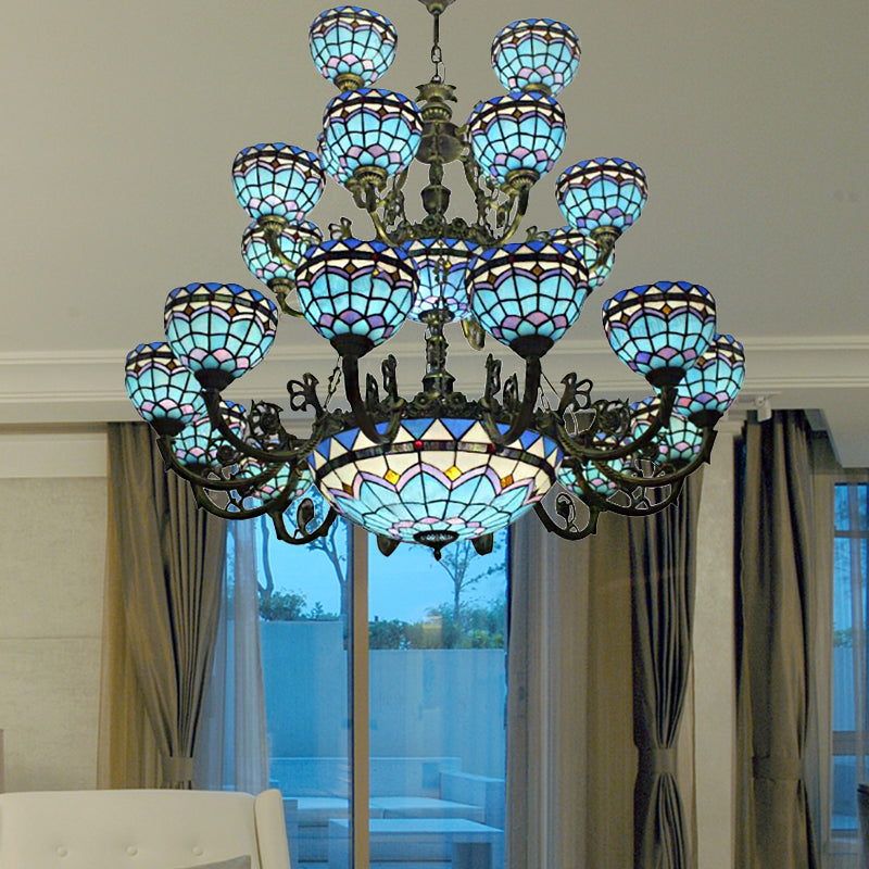 Tiffany Style Blue Chandelier with Floral and Domed Ceiling Light - Perfect for Dining Room Decor - 13/26 Lights