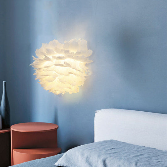 Modern White Feather Globe Wall Light For Adult Bedroom Or Stair - Romantic Sconce Lamp