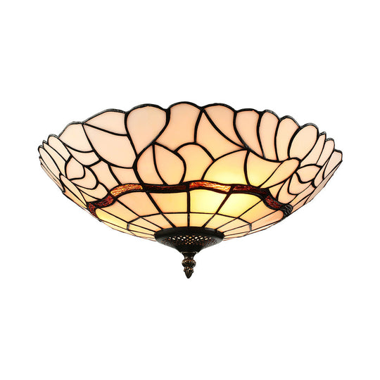 3-Light White/Beige Tiffany Style Glass Bowl Flush Ceiling Light for Living Room