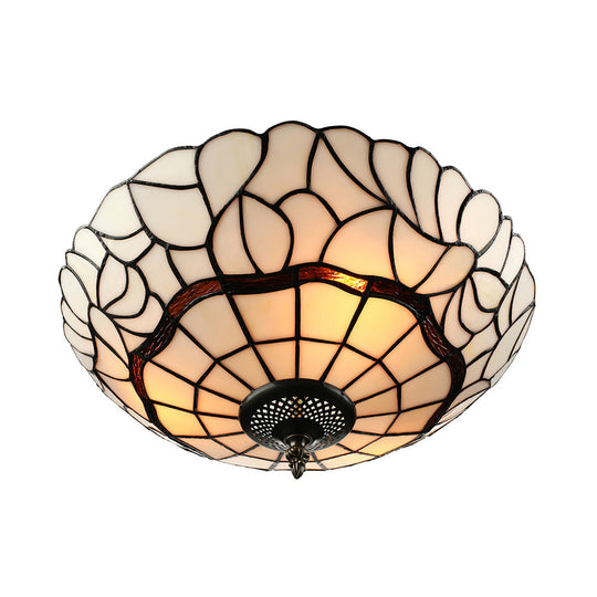 3-Light White/Beige Tiffany Style Glass Bowl Flush Ceiling Light for Living Room