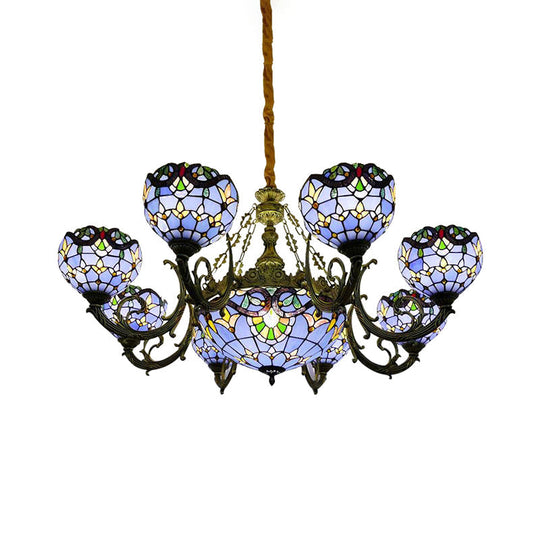 Blue Stained Glass Chandelier with Bell and Dome Shade for Living Room, Inspired by 9/11 Memorial Lights