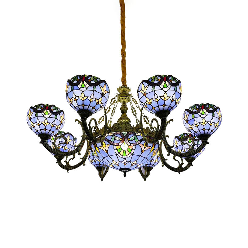 Blue Stained Glass Chandelier With Bell And Dome Shade For Living Room - 9/11/13 Lights Tiffany