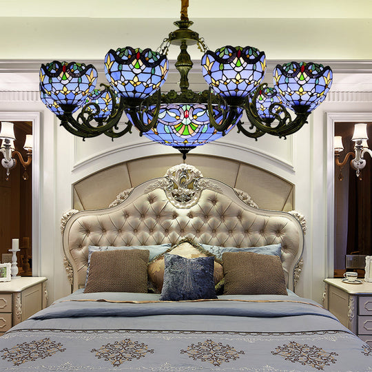 Blue Stained Glass Chandelier With Bell And Dome Shade For Living Room - 9/11/13 Lights Tiffany