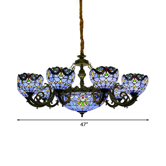 Blue Stained Glass Chandelier with Bell and Dome Shade for Living Room, Inspired by 9/11 Memorial Lights