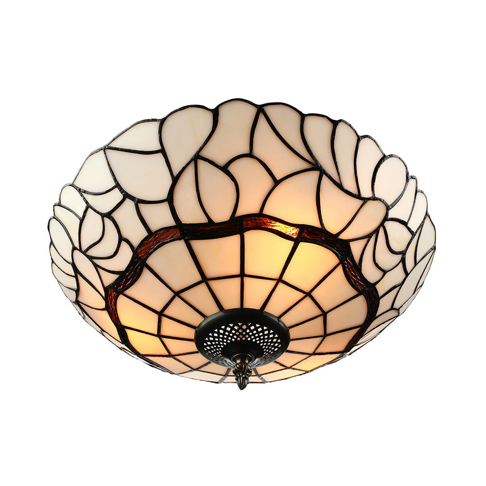 Tiffany-Style Glass Bowl Flush Light With 3 Lights For Living Room Ceiling - White/Beige