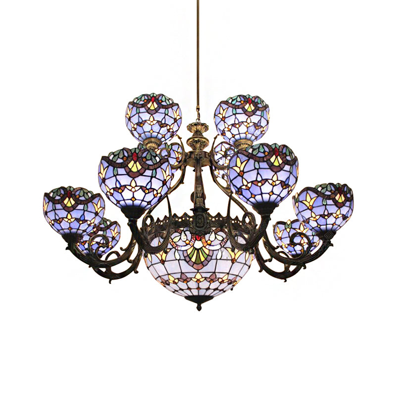 Blue Stained Glass Chandelier With Bell And Dome Shade For Living Room - 9/11/13 Lights Tiffany