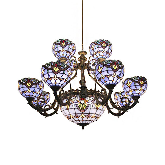 Blue Stained Glass Chandelier With Bell And Dome Shade For Living Room - 9/11/13 Lights Tiffany