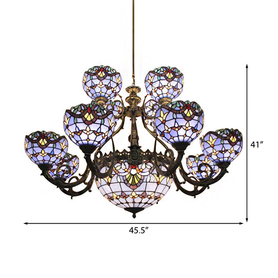 Blue Stained Glass Chandelier With Bell And Dome Shade For Living Room - 9/11/13 Lights Tiffany