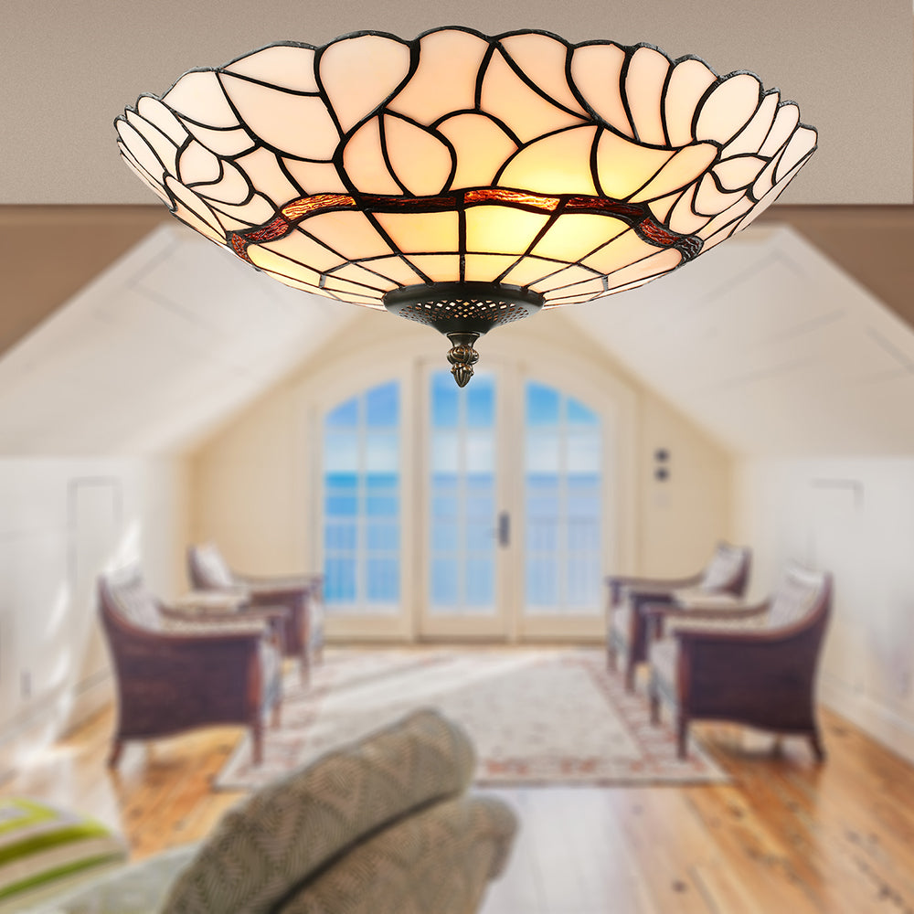 Tiffany-Style Glass Bowl Flush Light With 3 Lights For Living Room Ceiling - White/Beige White