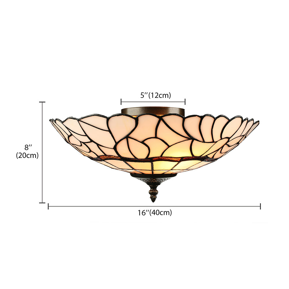 3-Light White/Beige Tiffany Style Glass Bowl Flush Ceiling Light for Living Room