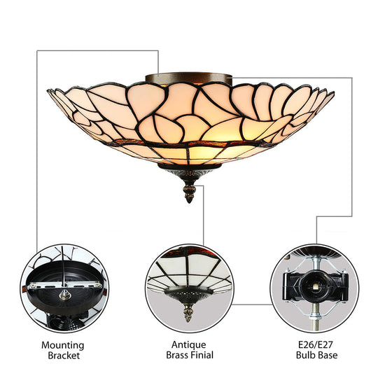 3-Light White/Beige Tiffany Style Glass Bowl Flush Ceiling Light for Living Room