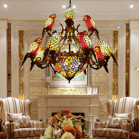 Stunning Multi-Color Parrot Chandelier: Lodge-Style Stained Glass Pendant Light