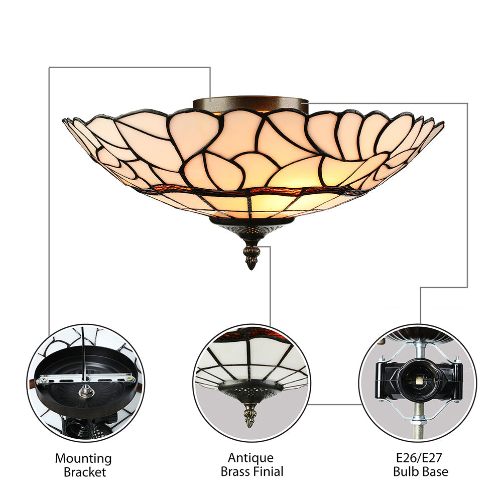 Tiffany-Style Glass Bowl Flush Light With 3 Lights For Living Room Ceiling - White/Beige