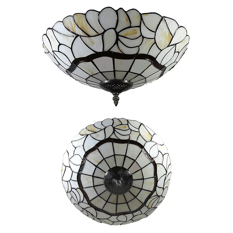 3-Light White/Beige Tiffany Style Glass Bowl Flush Ceiling Light for Living Room