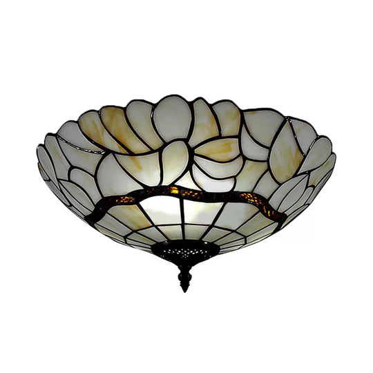 Tiffany-Style Glass Bowl Flush Light With 3 Lights For Living Room Ceiling - White/Beige