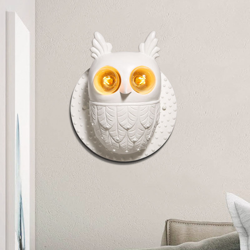 Adorable Owl Wall Sconce With 2 Lights For Kindergarten Bedroom - White Resin