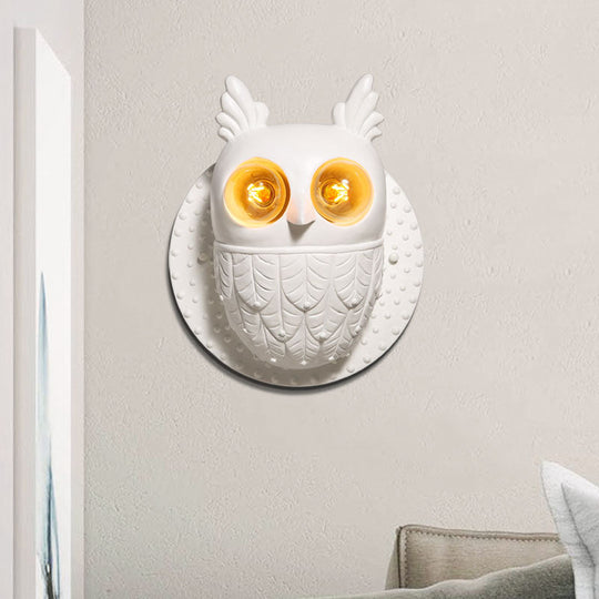 Adorable Owl Wall Sconce With 2 Lights For Kindergarten Bedroom - White Resin