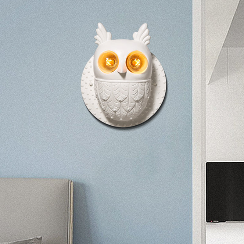 Adorable Owl Wall Sconce With 2 Lights For Kindergarten Bedroom - White Resin