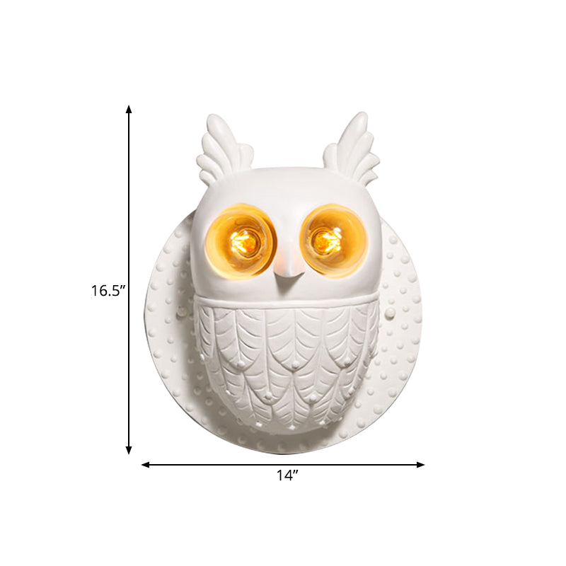 Adorable Owl Wall Sconce With 2 Lights For Kindergarten Bedroom - White Resin