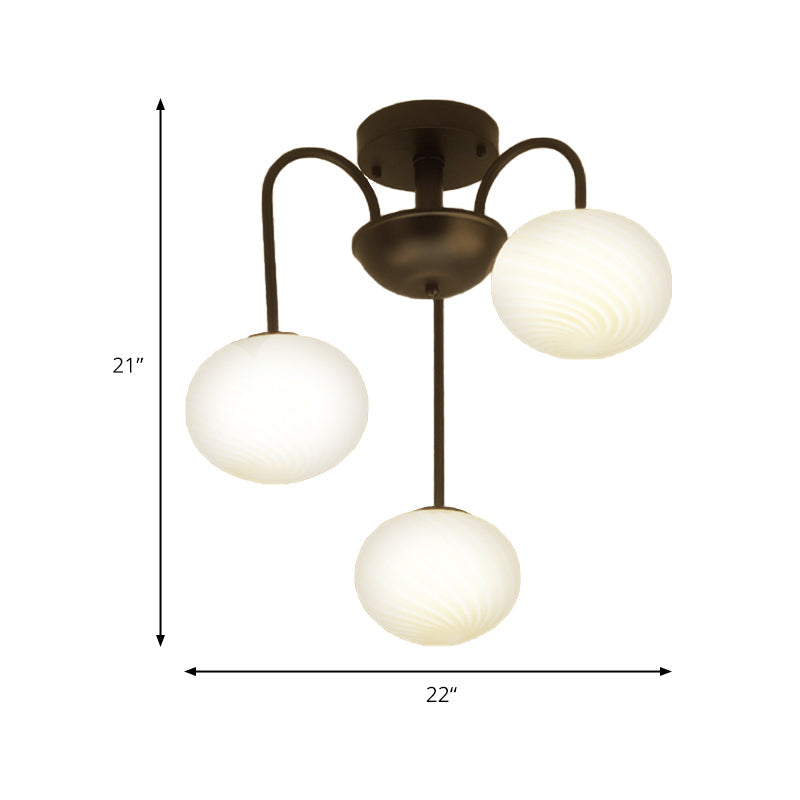 Modern Frosted Glass Semi Flush Light with 3 Black/White Lights and Curved Arm for Ceiling Mounting