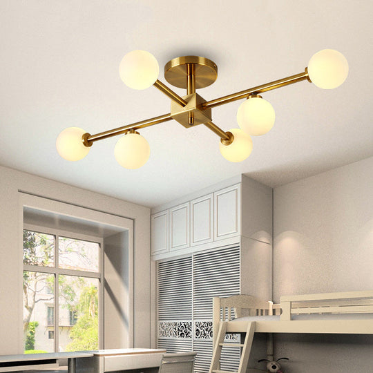 Modern Gold Finish Semi Flushmount Ceiling Lamp for Study Room - Modo Metal Milk Glass Light