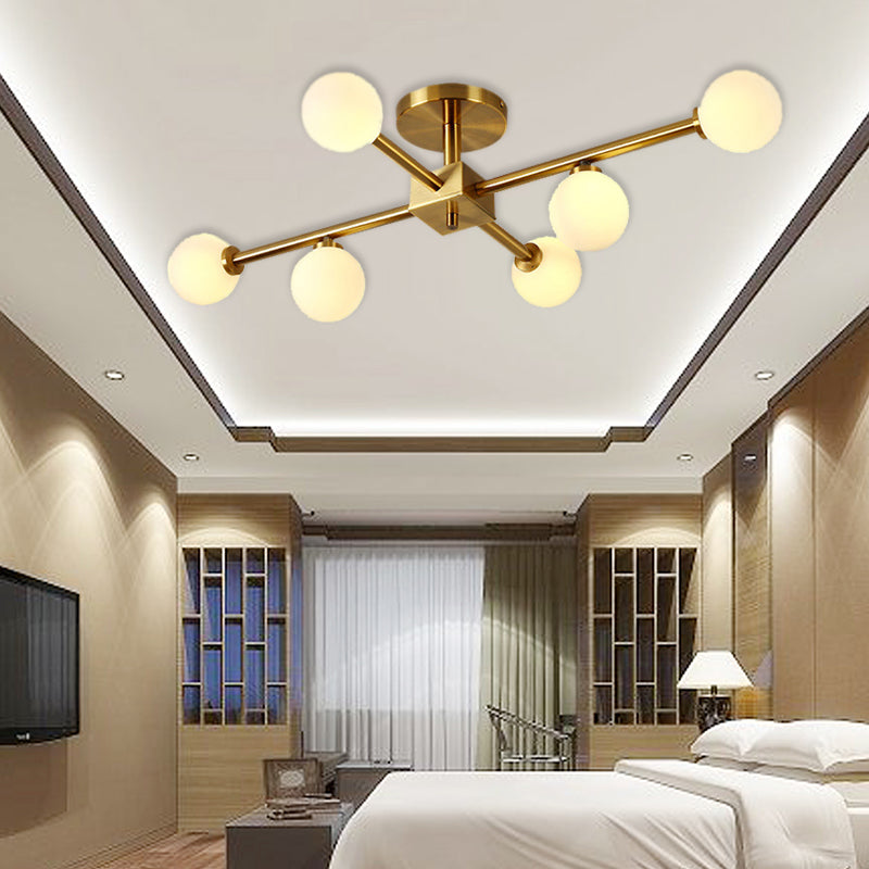 Modern Gold Finish Semi Flushmount Ceiling Lamp for Study Room - Modo Metal Milk Glass Light