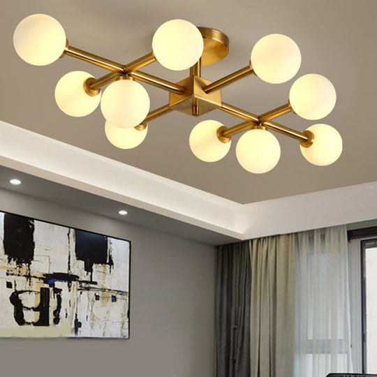 Modern Gold Finish Semi Flushmount Ceiling Lamp for Study Room - Modo Metal Milk Glass Light