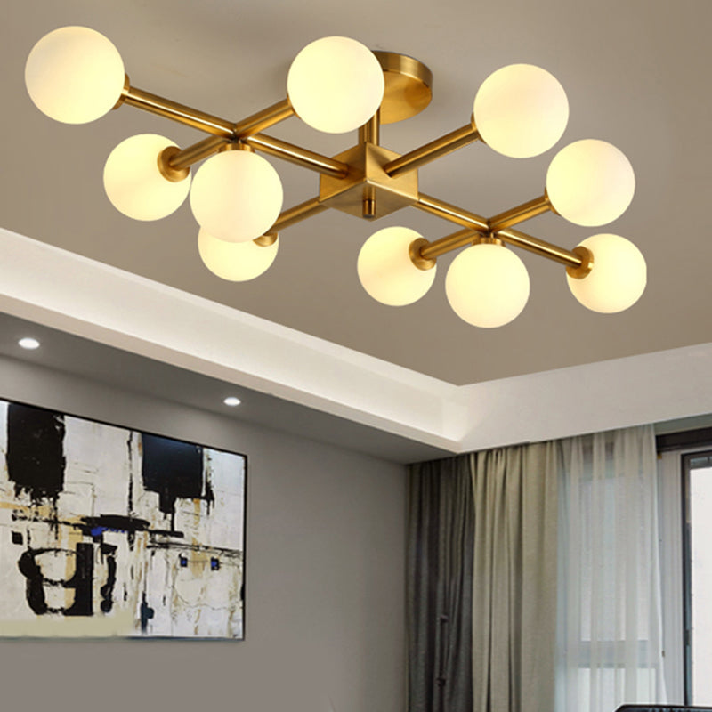 Modern Gold Finish Semi Flushmount Ceiling Lamp For Study Room - Modo Metal Milk Glass Light 10 /