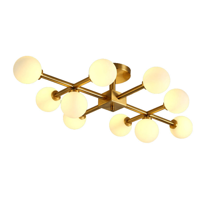 Modern Gold Finish Semi Flushmount Ceiling Lamp for Study Room - Modo Metal Milk Glass Light